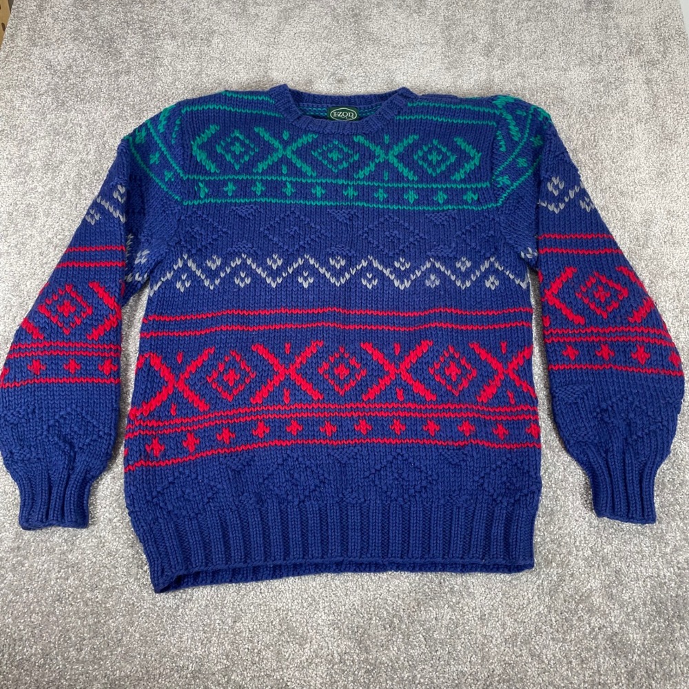 Vintage‎ IZOD Sweater Mens Large Wool Ski Chunky Knit Grandpa Geometric 80s 90s